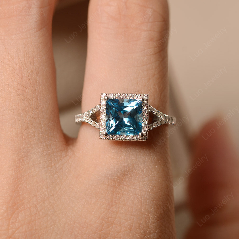 Princess Cut Swiss Blue Topaz Ring Split Shank Halo Ring - LUO Jewelry