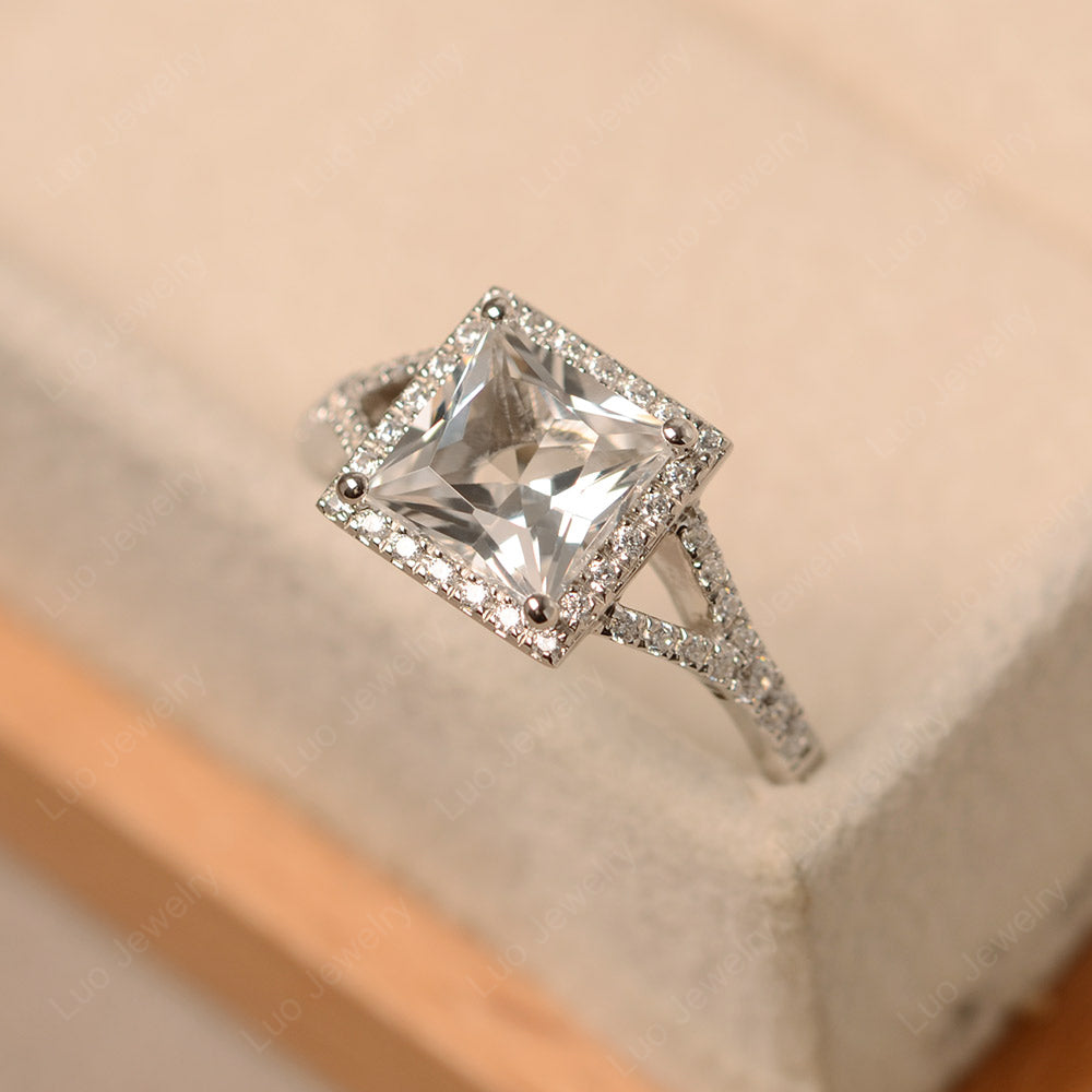 Princess Cut White Topaz Ring Split Shank Halo Ring - LUO Jewelry