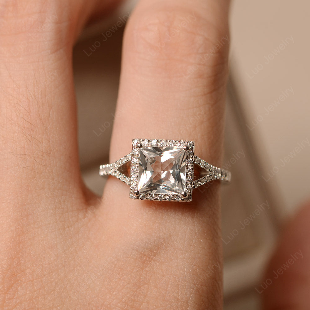 Princess Cut White Topaz Ring Split Shank Halo Ring - LUO Jewelry