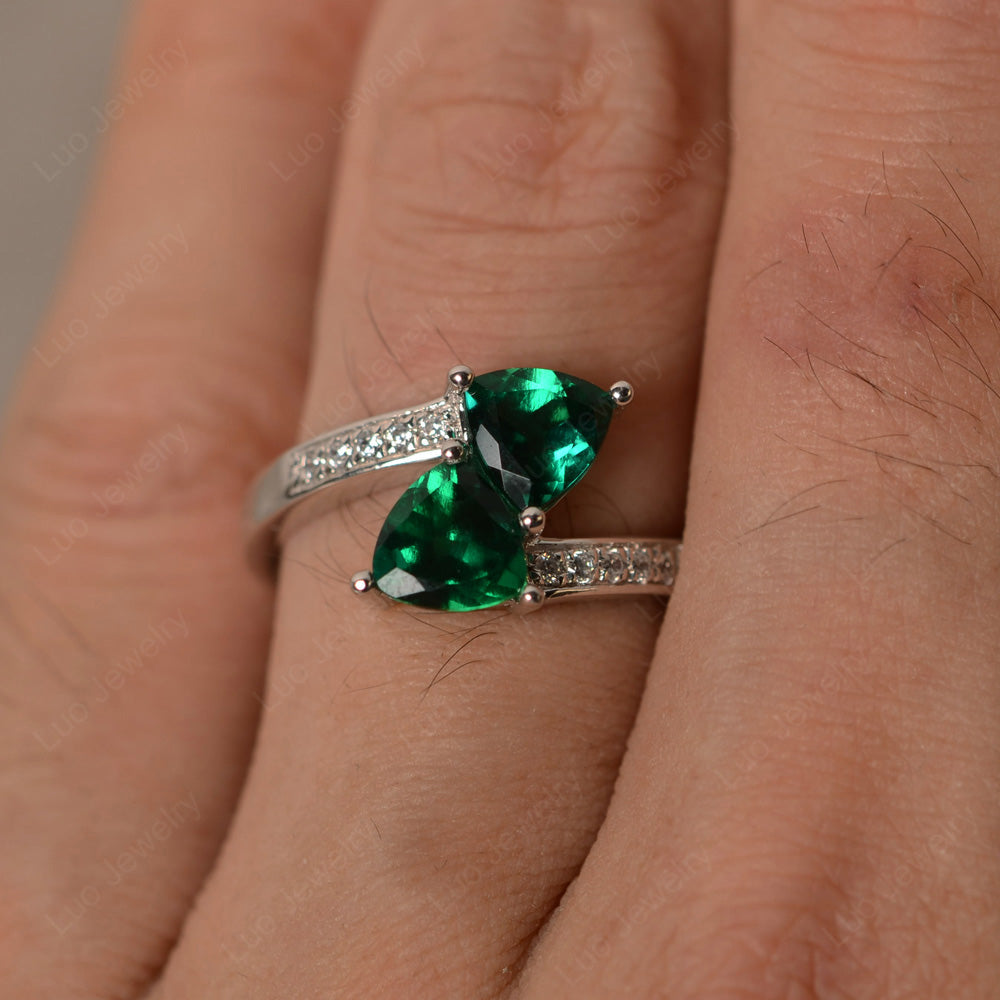 Two Stone Ring Trillion Cut Lab Emerald Ring - LUO Jewelry