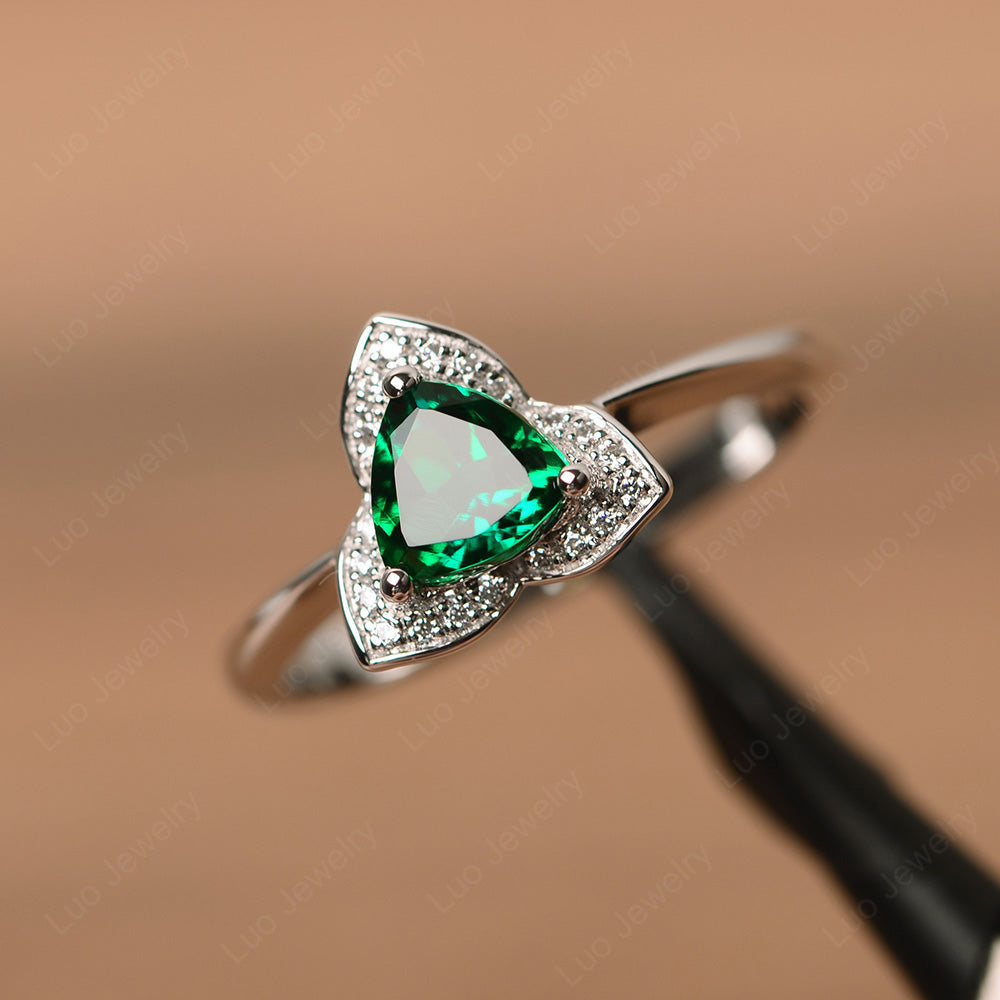 Trillion Cut Lab Emerald Flower Wedding Ring - LUO Jewelry