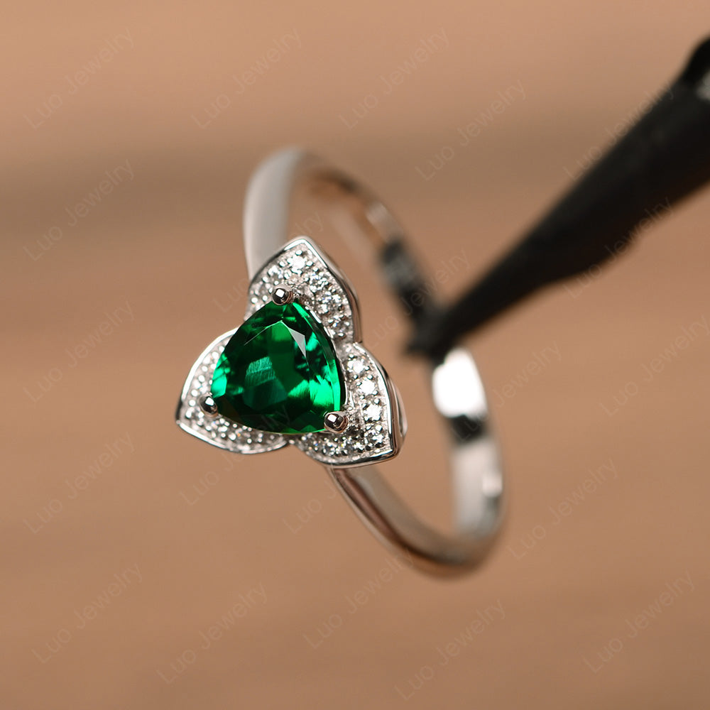 Trillion Cut Lab Emerald Flower Wedding Ring - LUO Jewelry