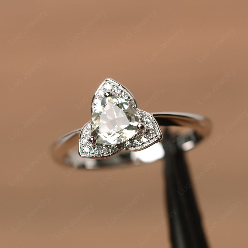Trillion Cut Green Amethyst Flower Wedding Ring - LUO Jewelry
