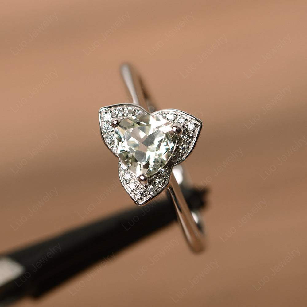 Trillion Cut Green Amethyst Flower Wedding Ring - LUO Jewelry