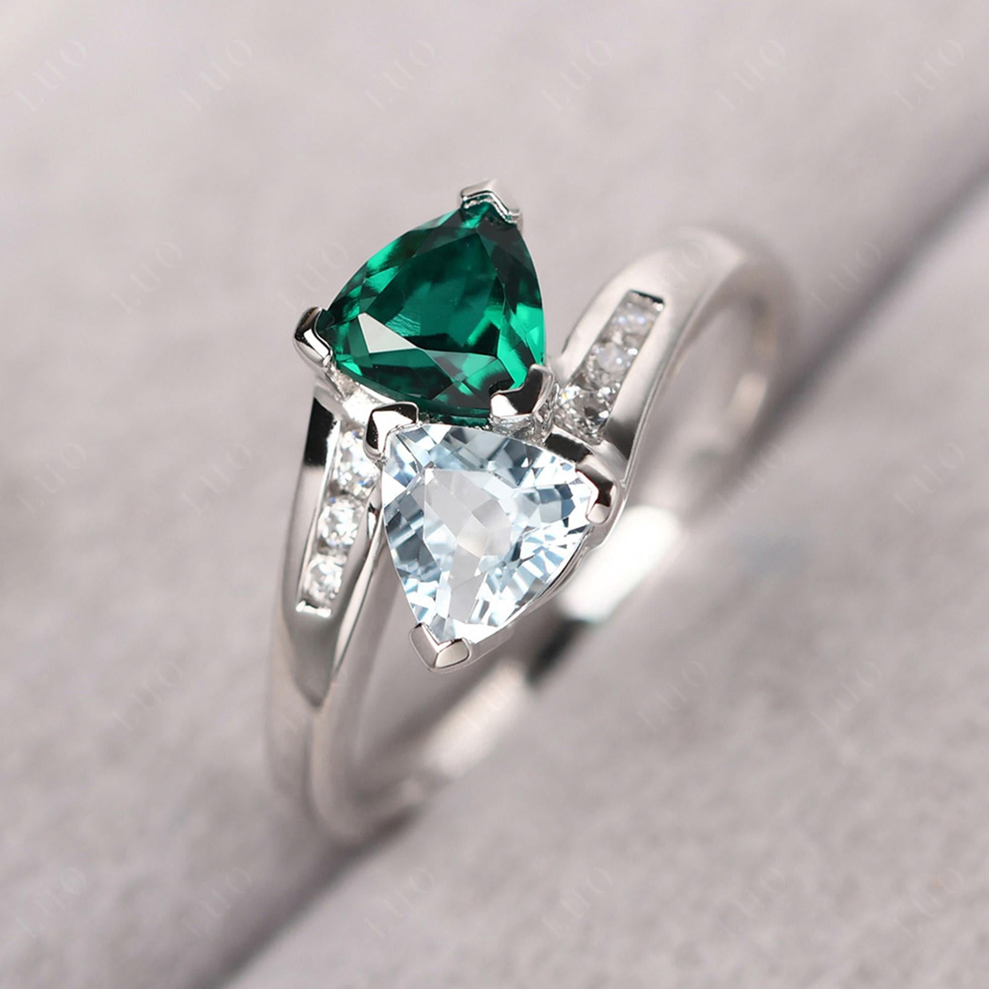 2 Stone Aquamarine and Emerald Mothers Ring - LUO Jewelry