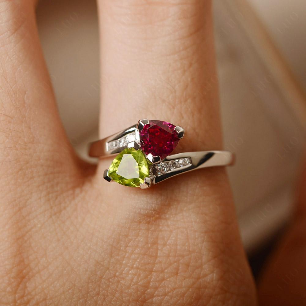 2 Stone Peridot and Ruby Mothers Ring - LUO Jewelry