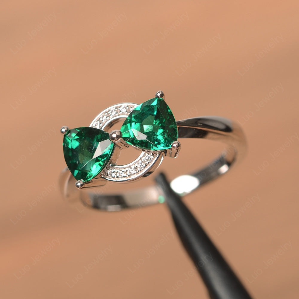 Trillion Cut Lab Emerald Ring 2 Stone Mothers Ring - LUO Jewelry
