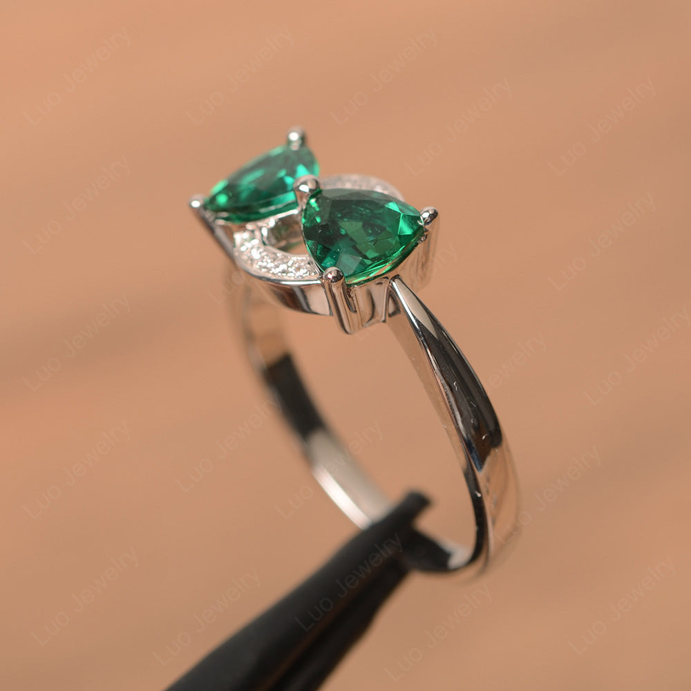 Trillion Cut Lab Emerald Ring 2 Stone Mothers Ring - LUO Jewelry