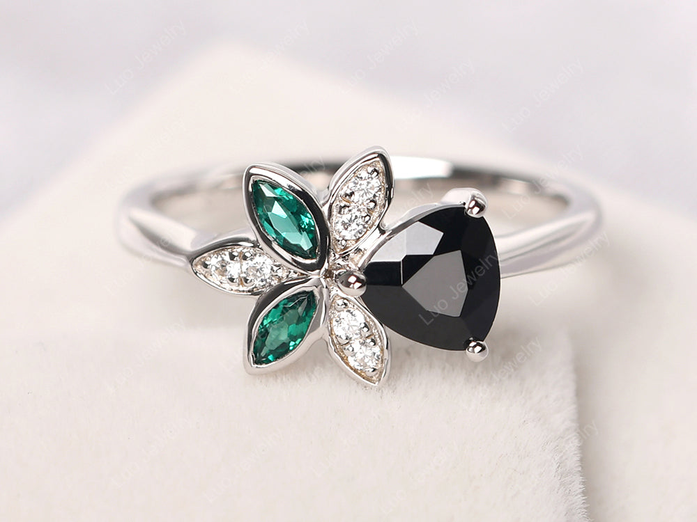 Trillion Cut Black Spinel Flower Ring - LUO Jewelry