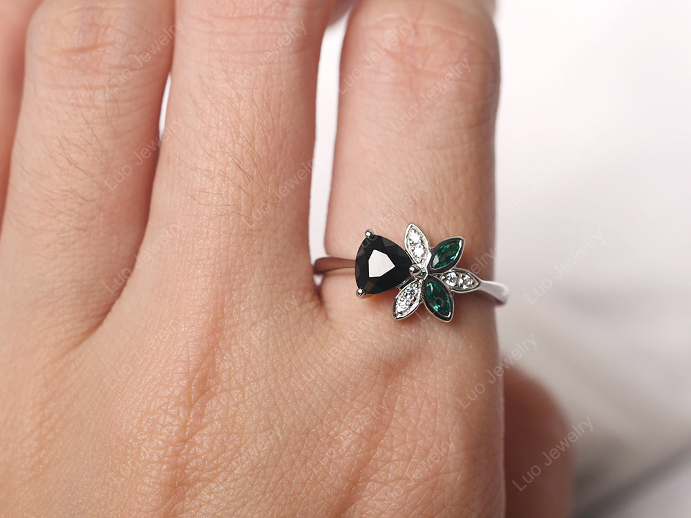 Trillion Cut Black Spinel Flower Ring - LUO Jewelry