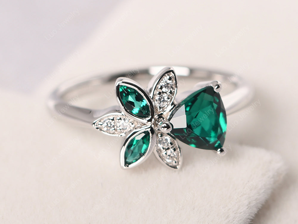 Trillion Cut Emerald Flower Ring - LUO Jewelry