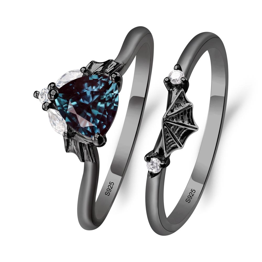 Bat and Spider Web Lab Alexandrite Ring Set - LUO Jewelry #metal_black finish sterling silver