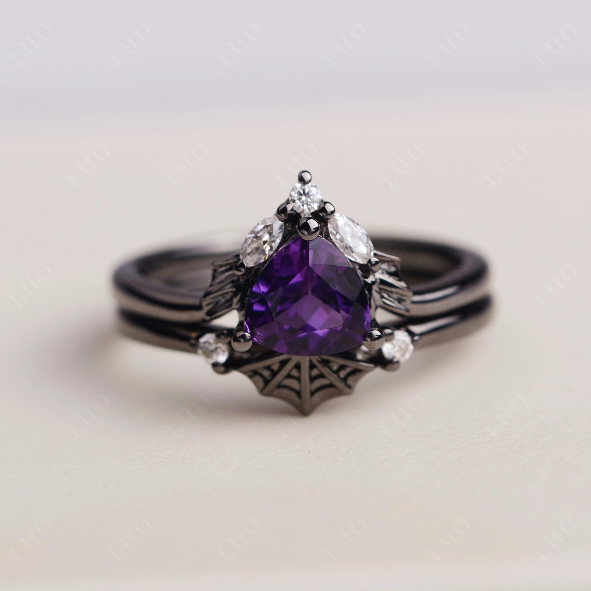 Bat and Spider Web Amethyst Ring Set - LUO Jewelry