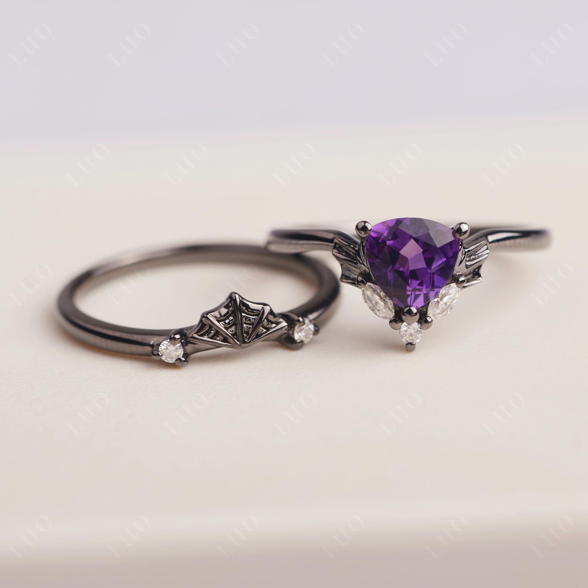 Bat and Spider Web Amethyst Ring Set - LUO Jewelry