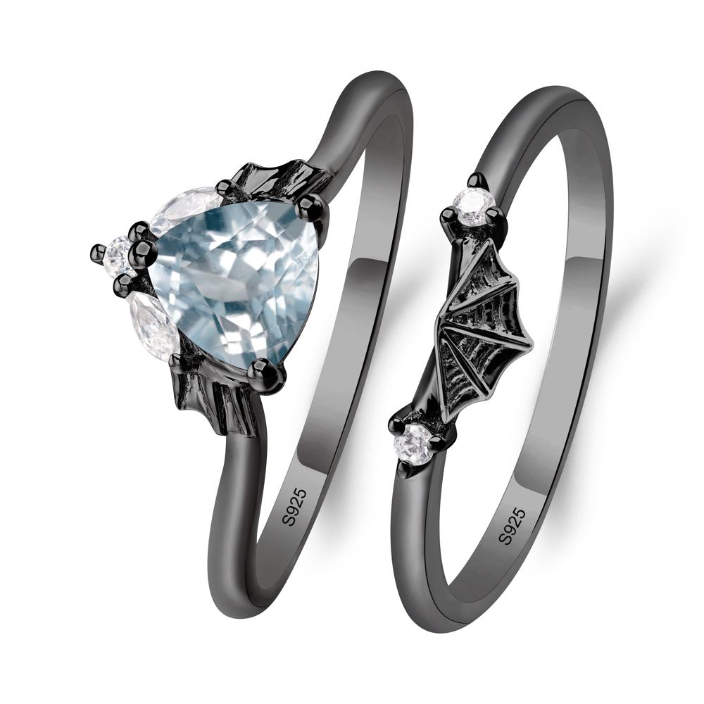 Bat and Spider Web Aquamarine Ring Set - LUO Jewelry #metal_black finish sterling silver
