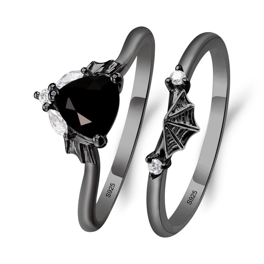 Bat and Spider Web Black Spinel Ring Set - LUO Jewelry #metal_black finish sterling silver