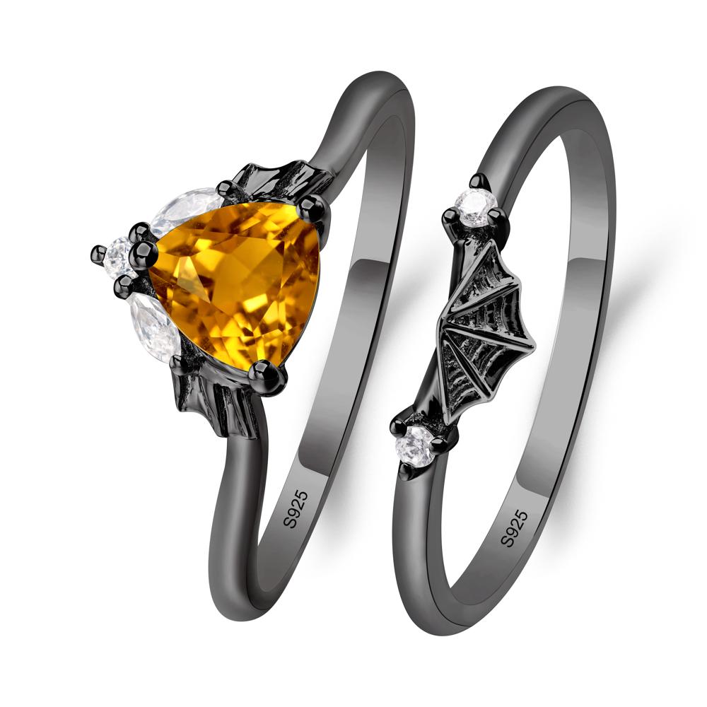 Bat and Spider Web Citrine Ring Set - LUO Jewelry #metal_black finish sterling silver
