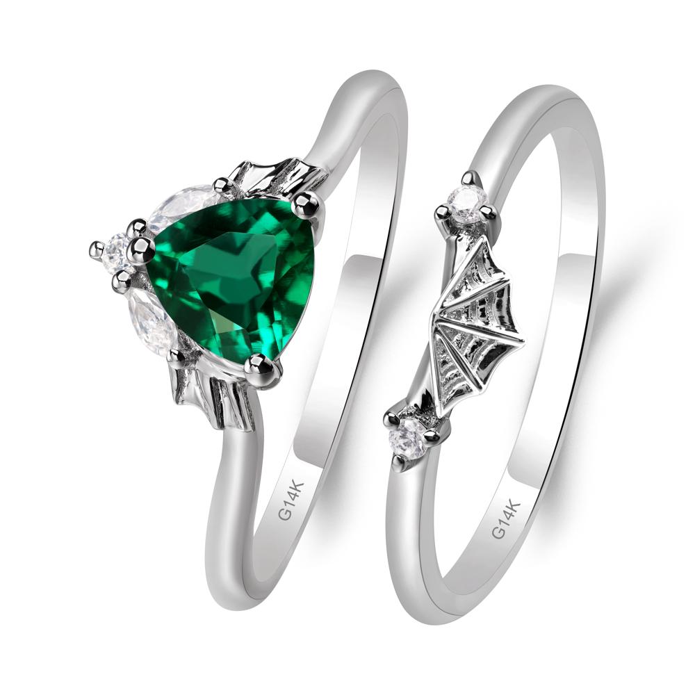 Bat and Spider Web Lab Emerald Ring Set - LUO Jewelry #metal_14k white gold
