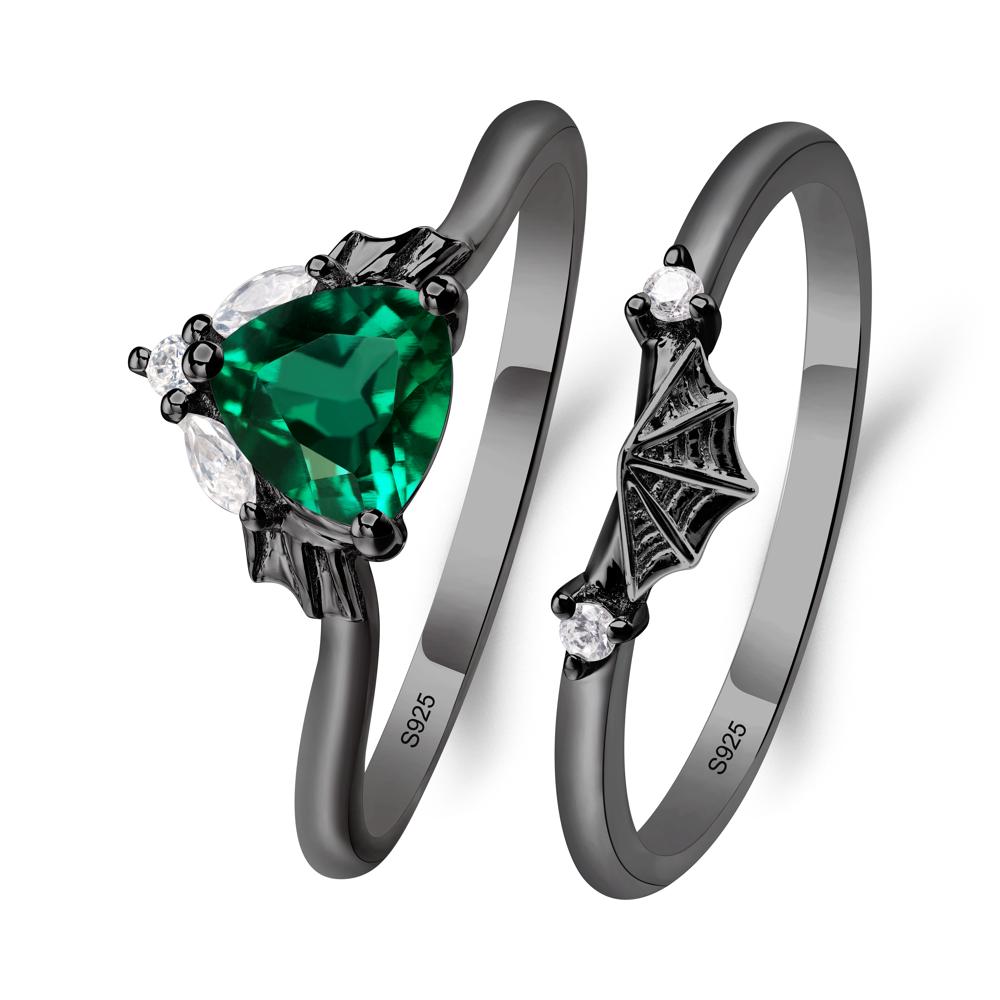 Bat and Spider Web Lab Emerald Ring Set - LUO Jewelry #metal_black finish sterling silver