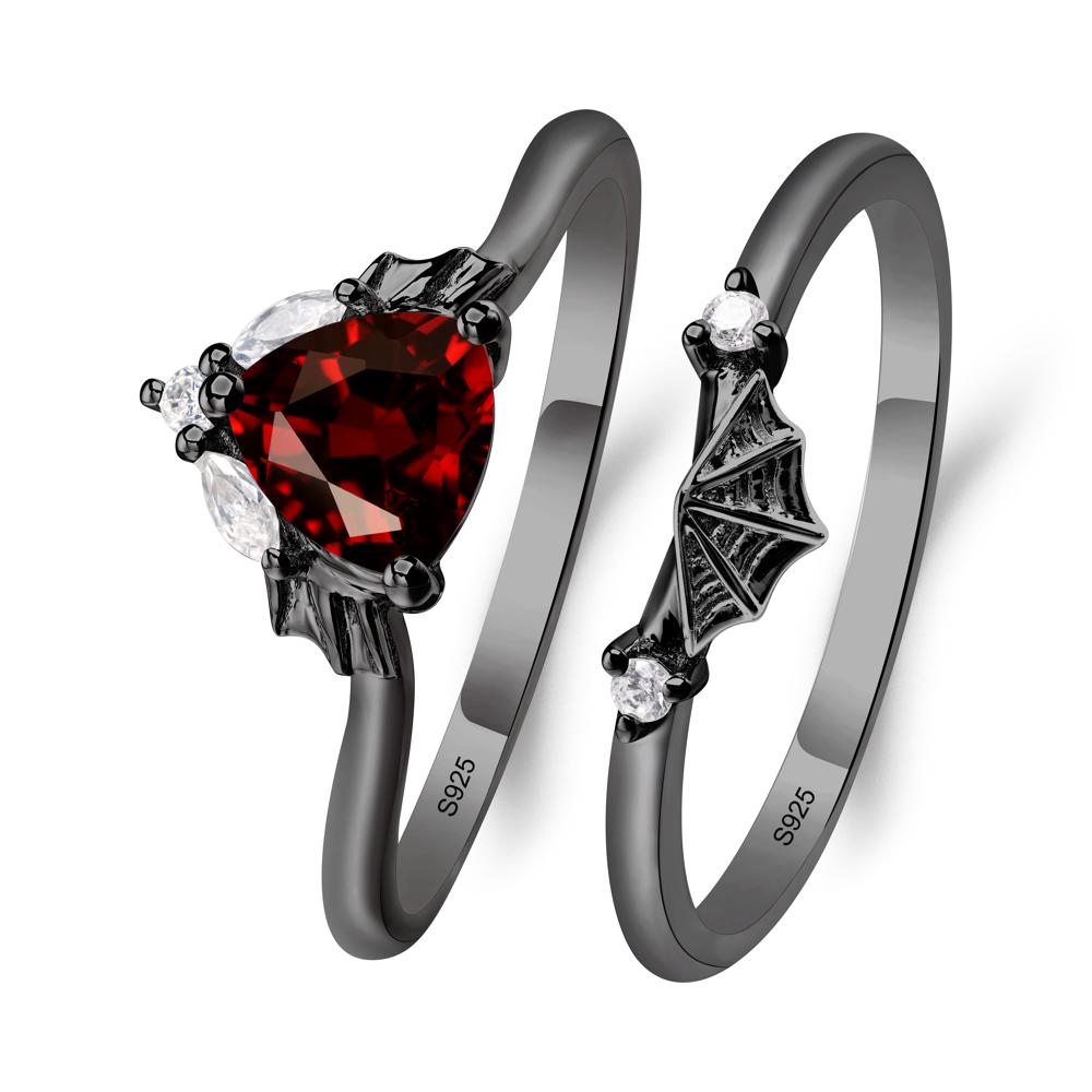 Bat and Spider Web Garnet Ring Set - LUO Jewelry #metal_black finish sterling silver