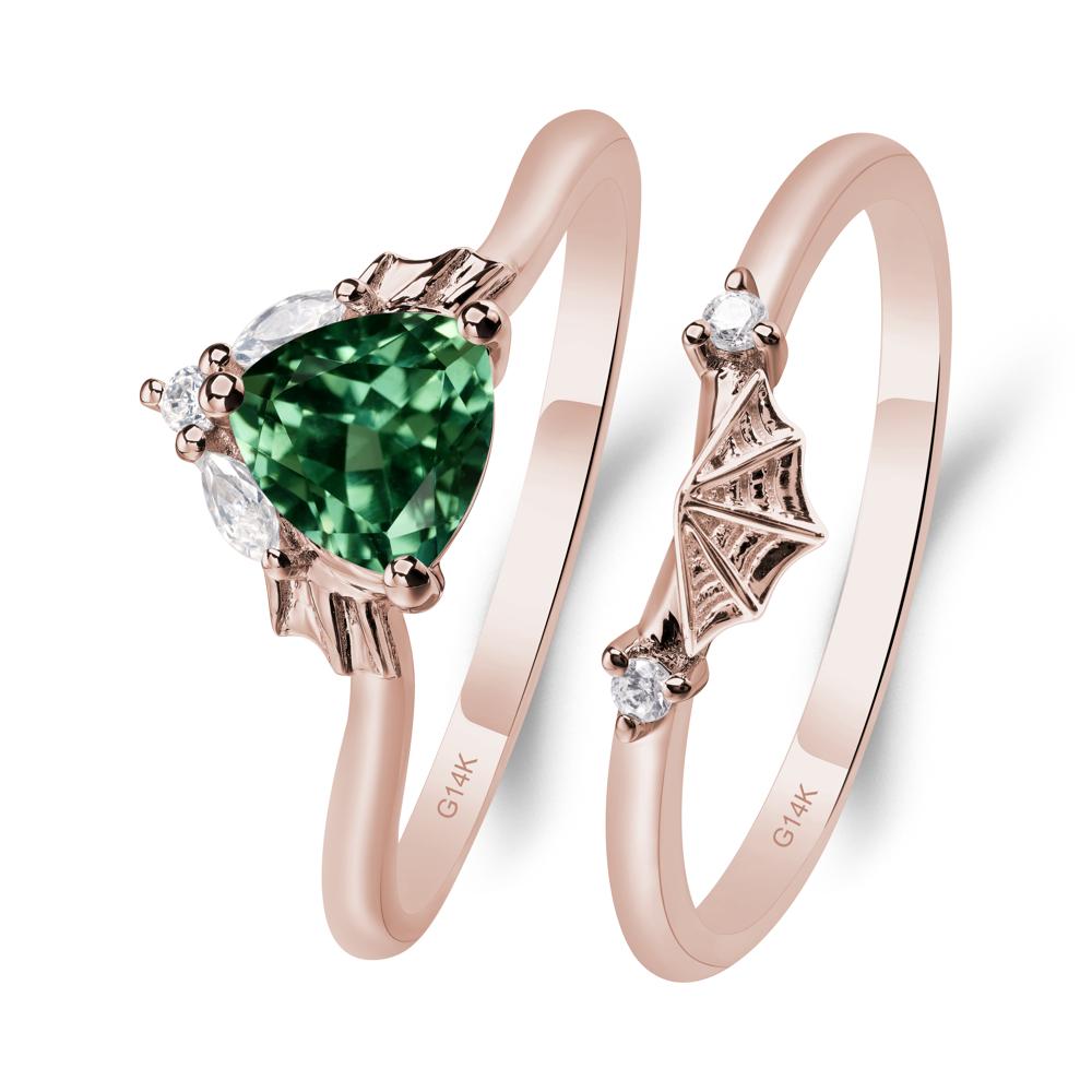 Bat and Spider Web Lab Green Sapphire Ring Set - LUO Jewelry #metal_14k rose gold