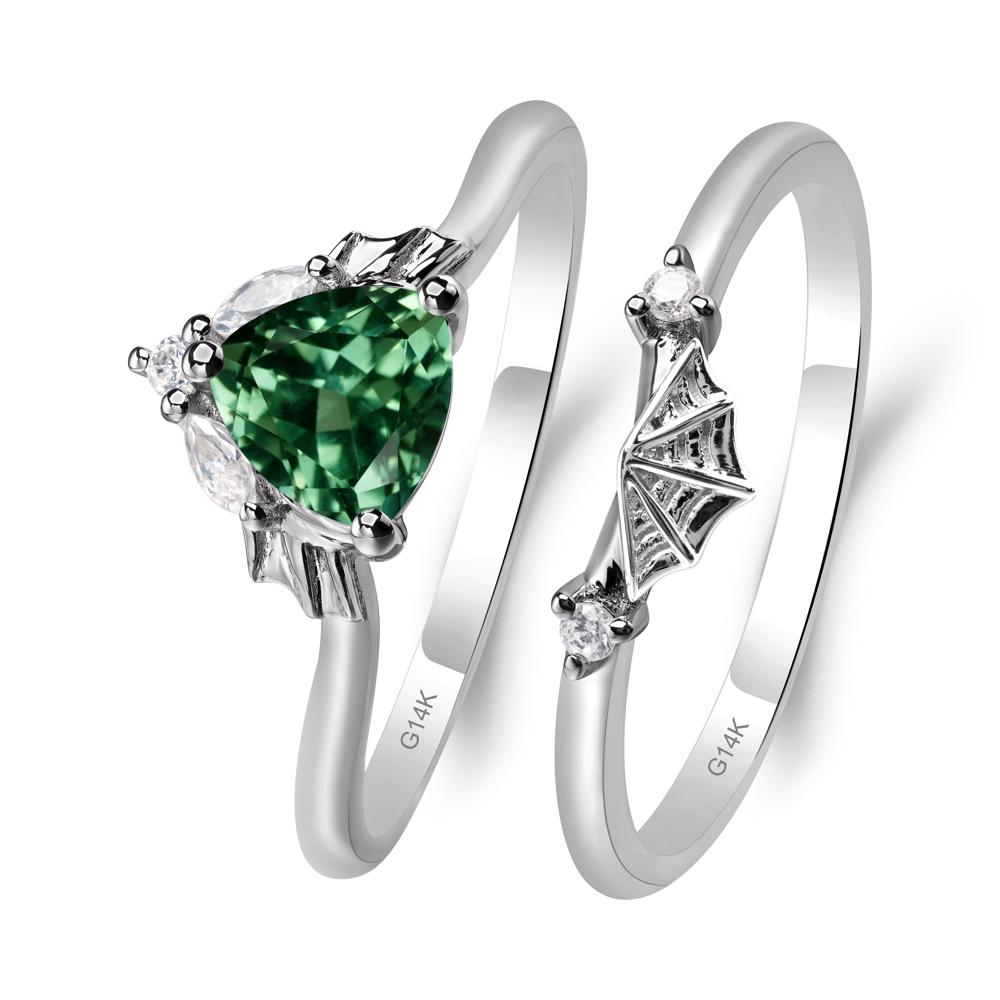 Bat and Spider Web Lab Green Sapphire Ring Set - LUO Jewelry #metal_14k white gold