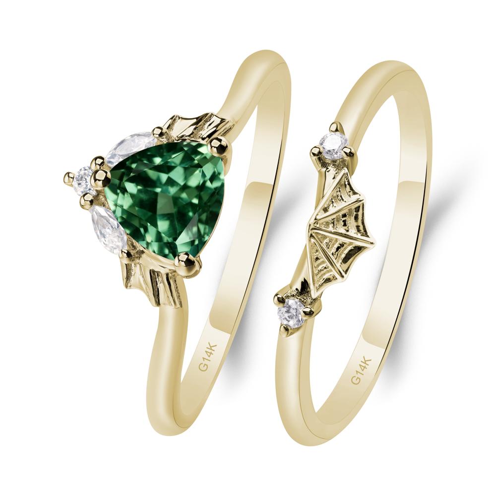 Bat and Spider Web Lab Green Sapphire Ring Set - LUO Jewelry #metal_14k yellow gold
