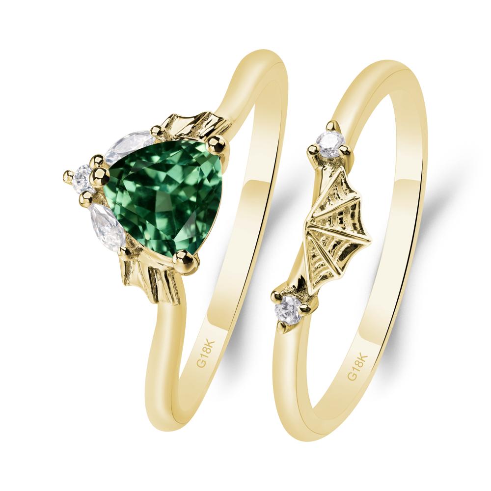 Bat and Spider Web Lab Green Sapphire Ring Set - LUO Jewelry #metal_18k yellow gold