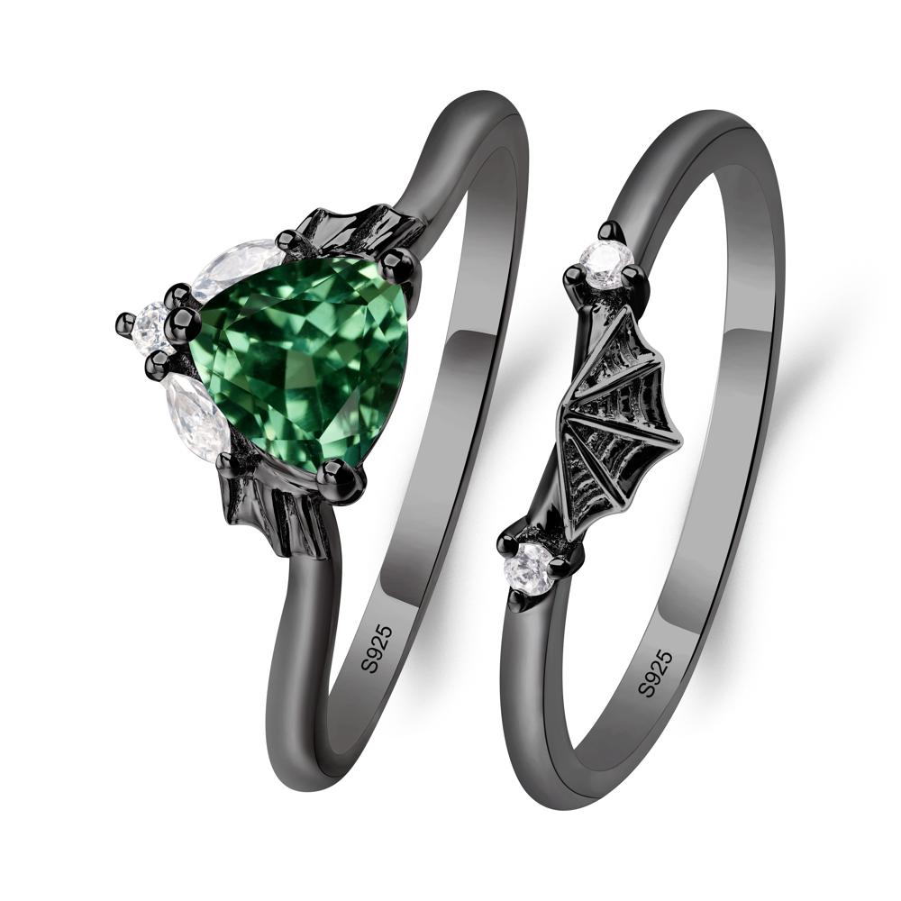 Bat and Spider Web Lab Green Sapphire Ring Set - LUO Jewelry #metal_black finish sterling silver