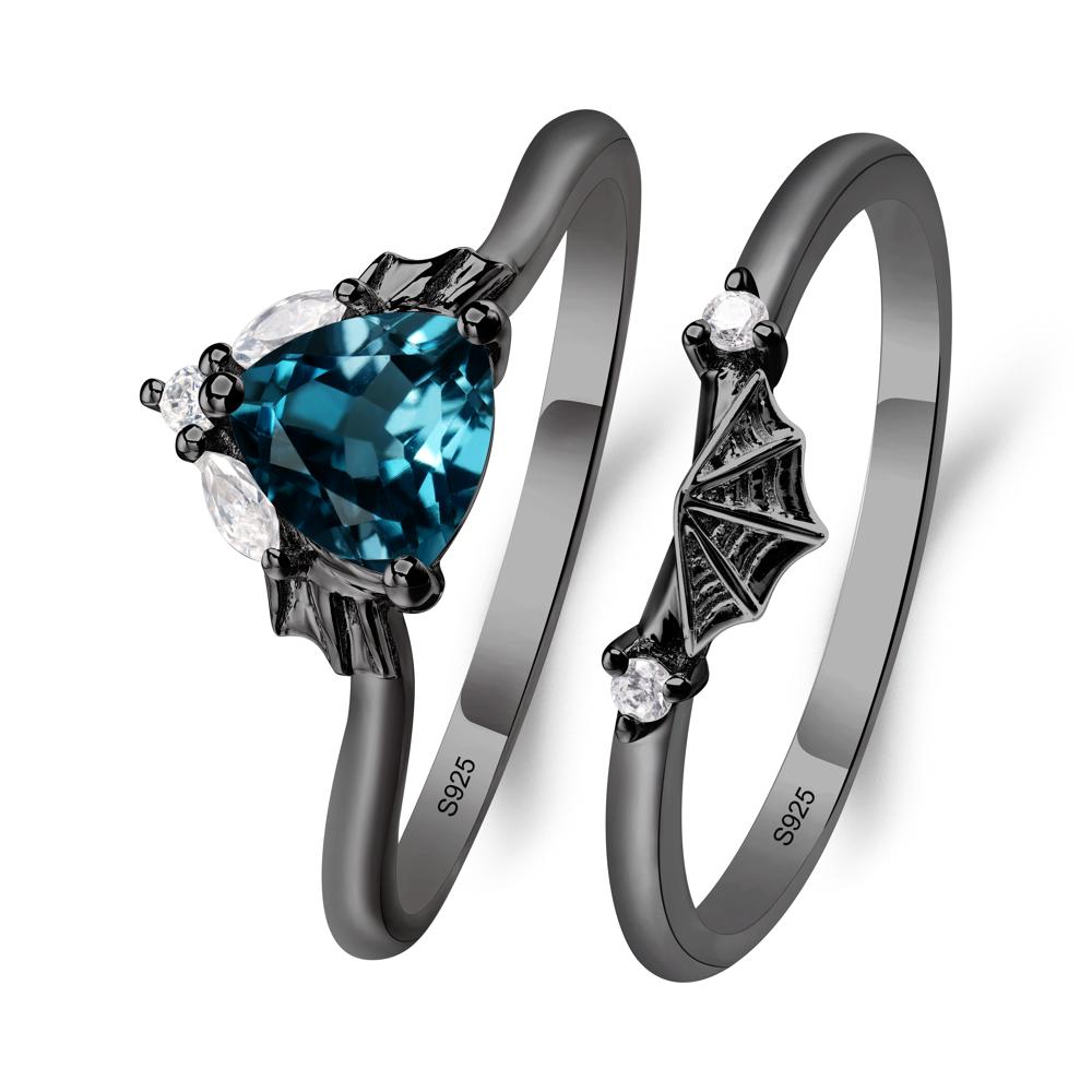 Bat and Spider Web London Blue Topaz Ring Set - LUO Jewelry #metal_black finish sterling silver