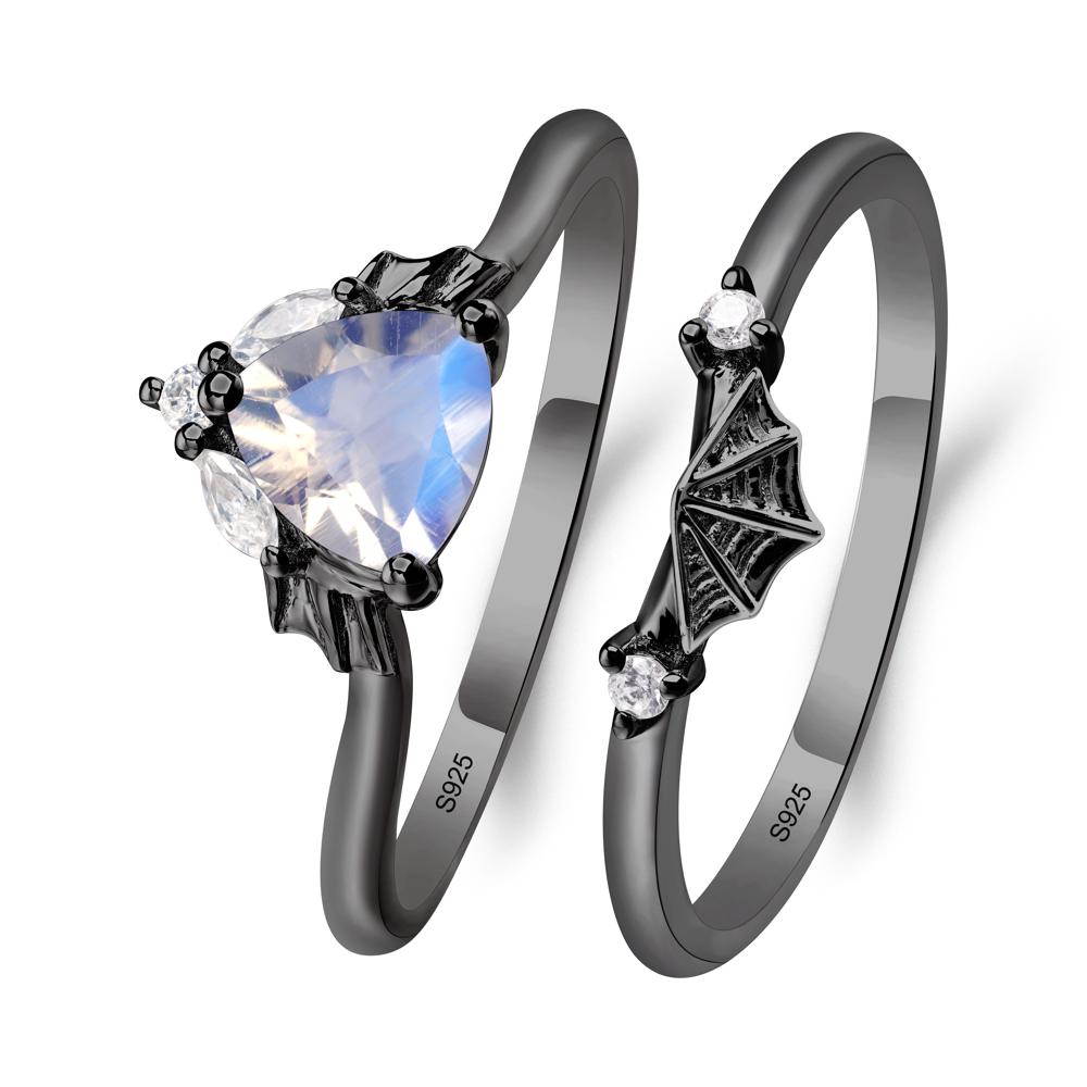 Bat and Spider Web Moonstone Ring Set - LUO Jewelry #metal_black finish sterling silver
