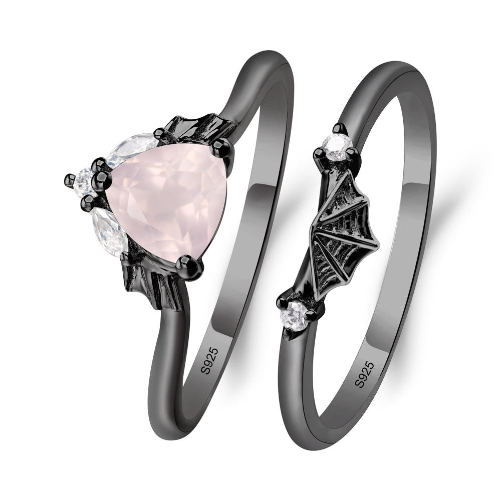 Bat and Spider Web Rose Quartz Ring Set - LUO Jewelry #metal_black finish sterling silver