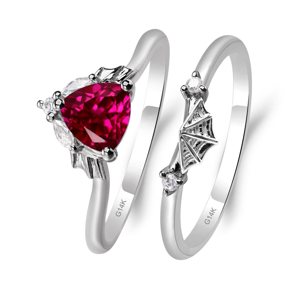 Bat and Spider Web Lab Ruby Ring Set - LUO Jewelry #metal_14k white gold