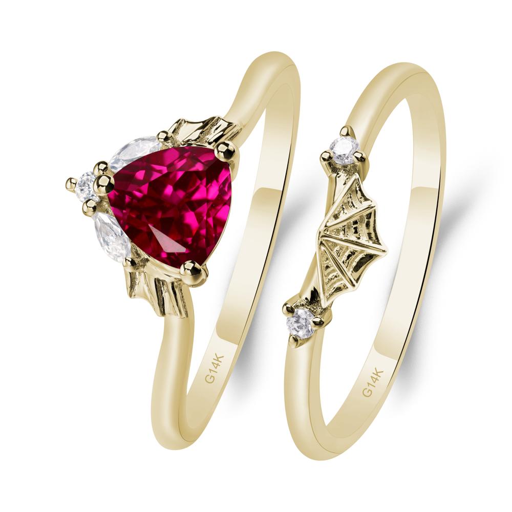 Bat and Spider Web Lab Ruby Ring Set - LUO Jewelry #metal_14k yellow gold