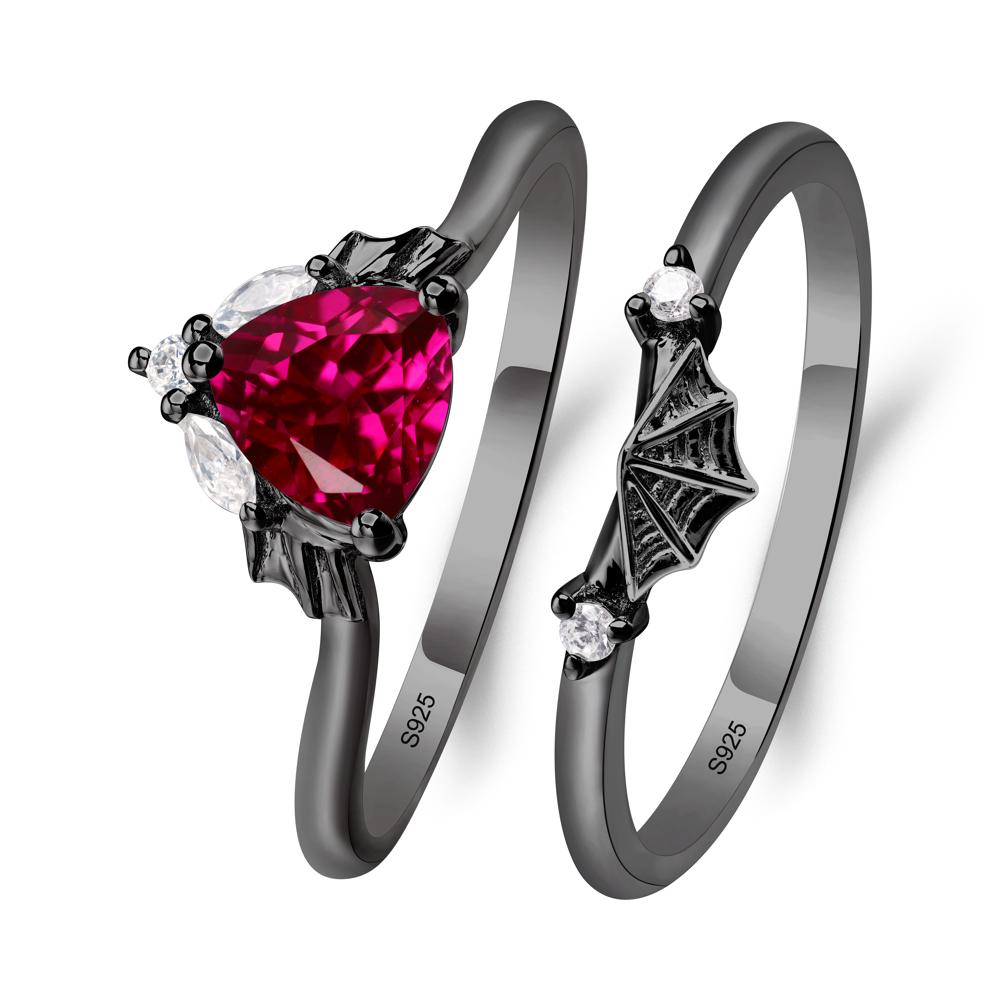 Bat and Spider Web Lab Ruby Ring Set - LUO Jewelry #metal_black finish sterling silver