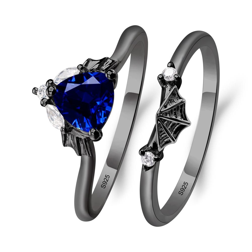 Bat and Spider Web Lab Sapphire Ring Set - LUO Jewelry #metal_black finish sterling silver