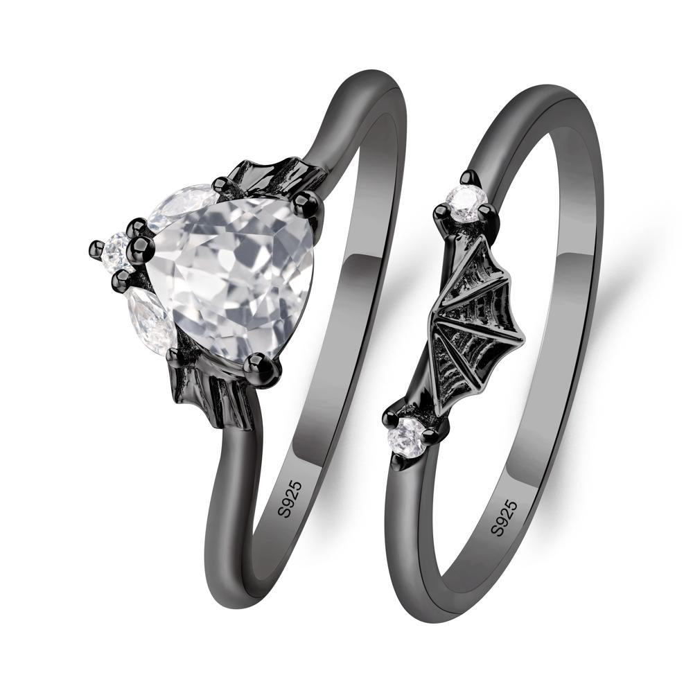 Bat and Spider Web White Topaz Ring Set - LUO Jewelry #metal_black finish sterling silver