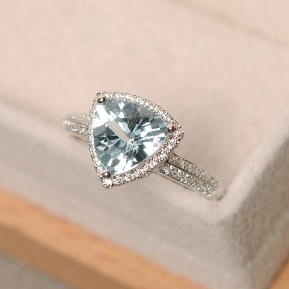 Aquamarine Trillion Cut Halo Engagement Ring - LUO Jewelry