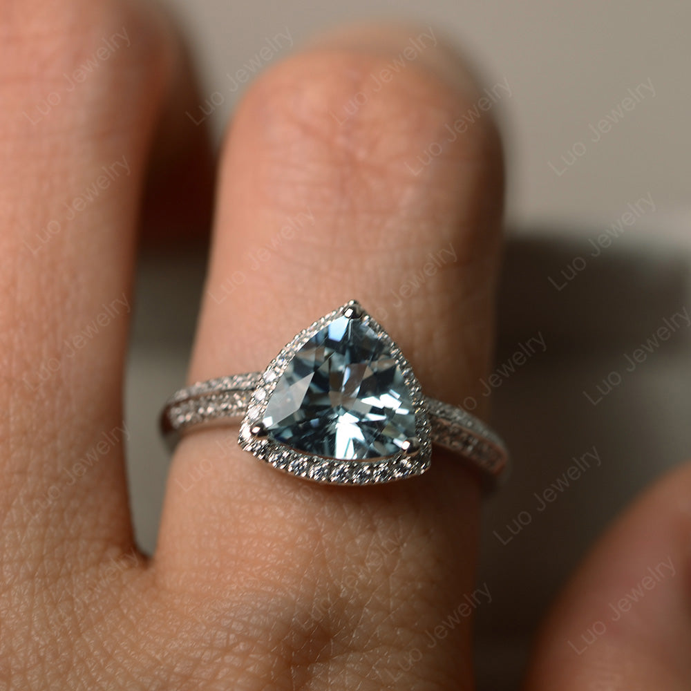 Aquamarine Trillion Cut Halo Engagement Ring - LUO Jewelry