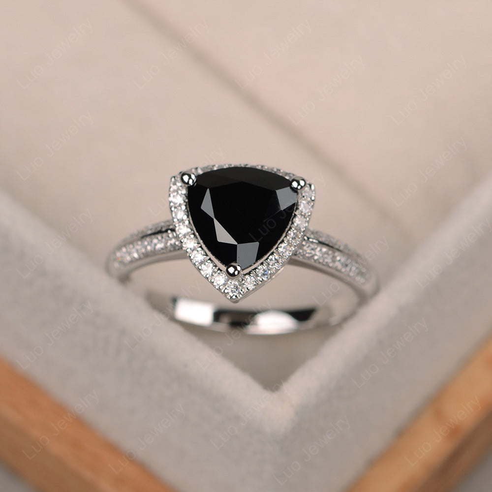 Black Spinel Trillion Cut Halo Engagement Ring - LUO Jewelry