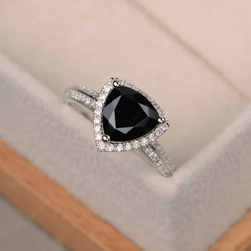 Black Spinel Trillion Cut Halo Engagement Ring - LUO Jewelry