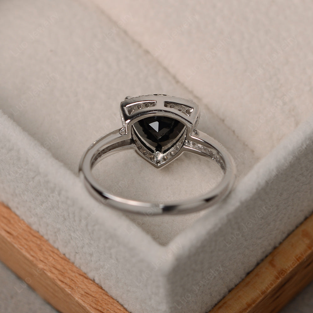 Black Spinel Trillion Cut Halo Engagement Ring - LUO Jewelry