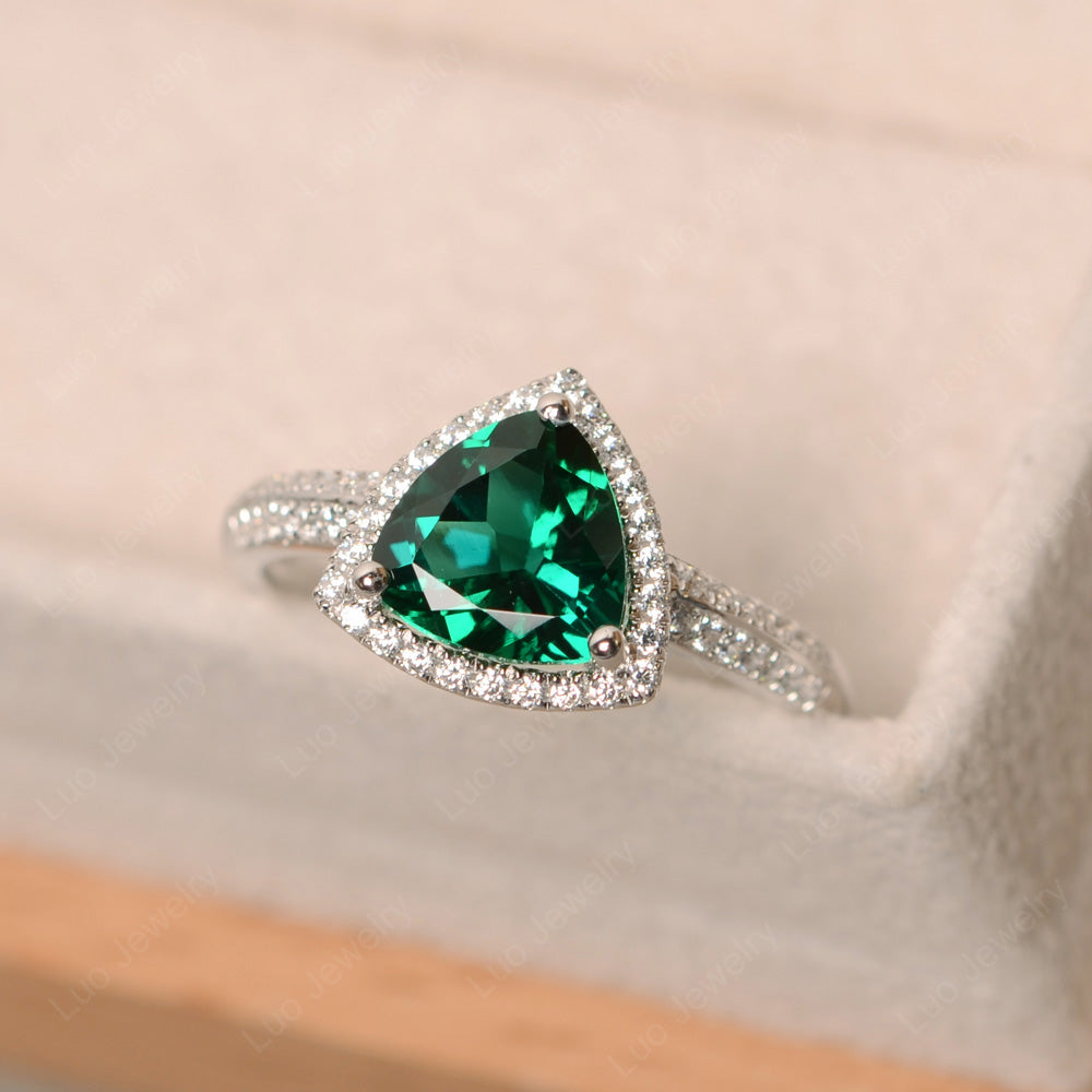 Lab Emerald Trillion Cut Halo Engagement Ring - LUO Jewelry
