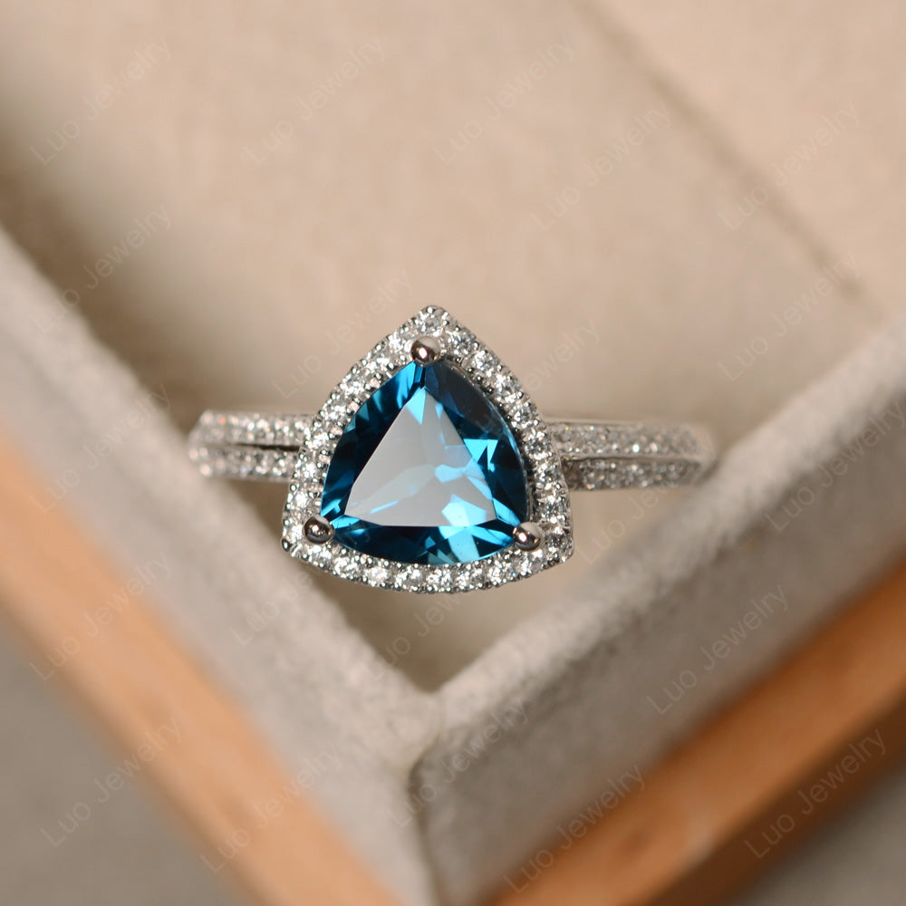 London Blue Topaz Trillion Cut Halo Engagement Ring - LUO Jewelry