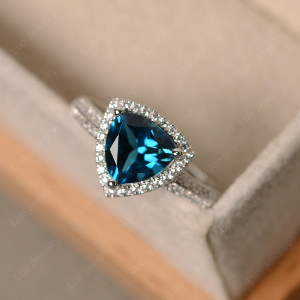 London Blue Topaz Trillion Cut Halo Engagement Ring - LUO Jewelry