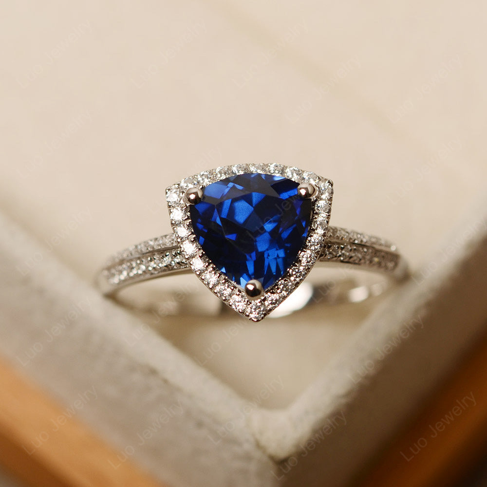 Lab Sapphire Trillion Cut Halo Engagement Ring - LUO Jewelry