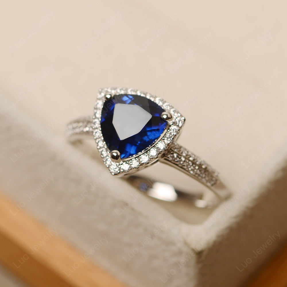Lab Sapphire Trillion Cut Halo Engagement Ring - LUO Jewelry