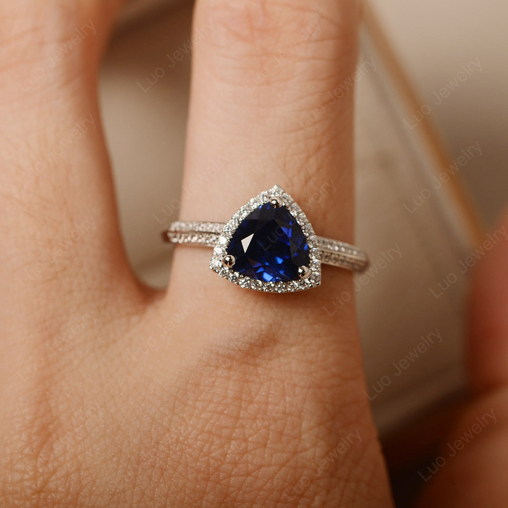 Lab Sapphire Trillion Cut Halo Engagement Ring - LUO Jewelry