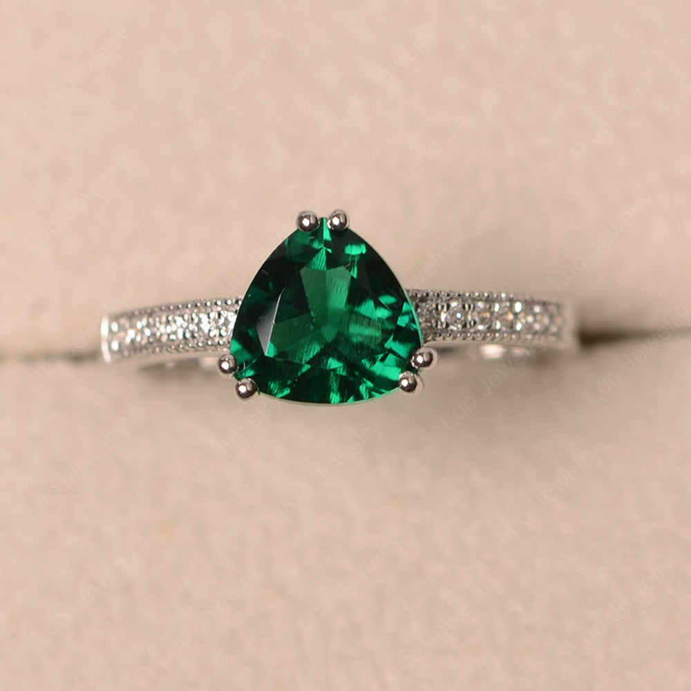 Trillion Cut Lab Emerald Double Prong Ring - LUO Jewelry