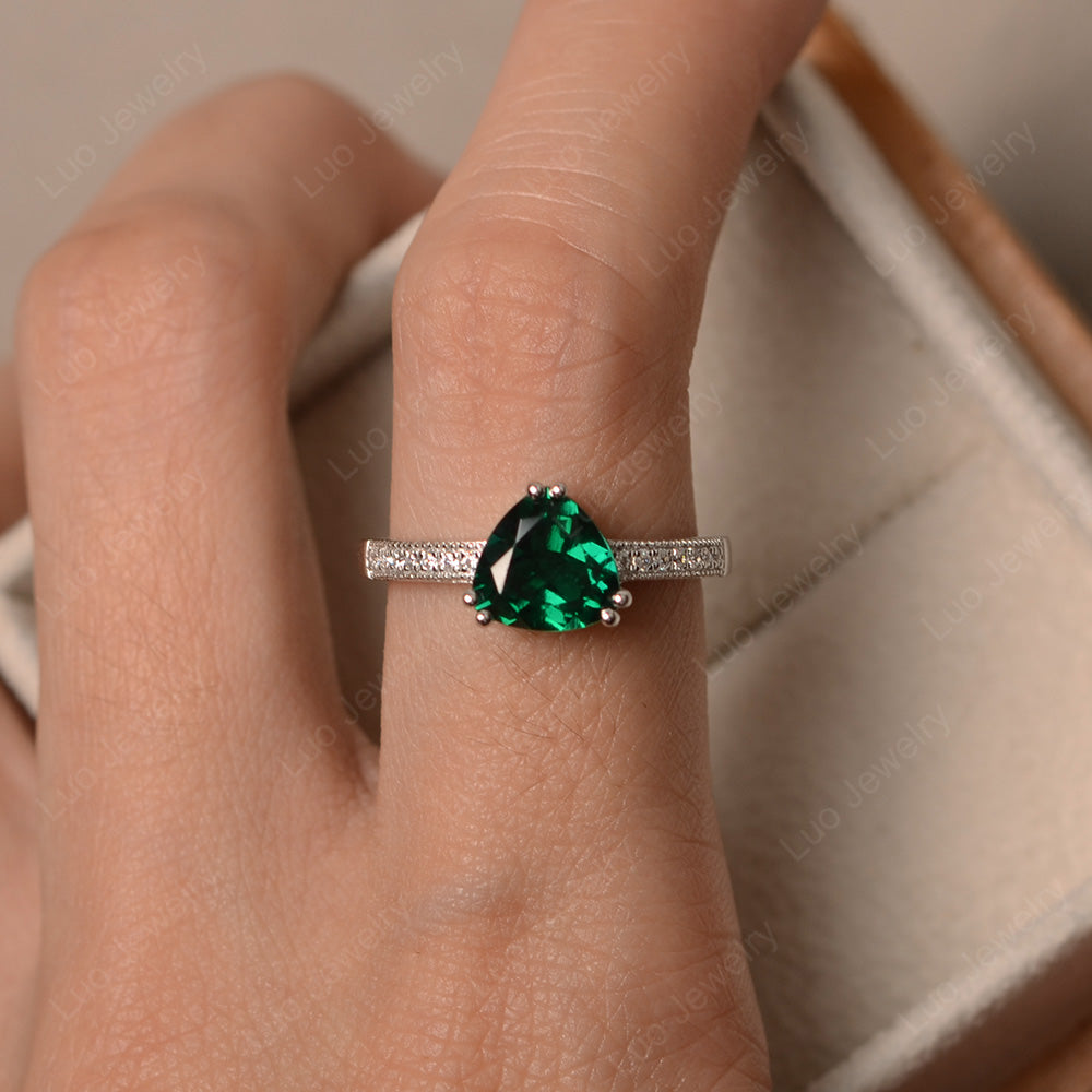 Trillion Cut Lab Emerald Double Prong Ring - LUO Jewelry